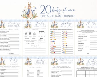 Paquete de juegos para baby shower de Peter Rabbit en azul, set de Beatrix Potter, imprimible en Canva