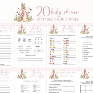 May include: A baby shower game bundle with a watercolor illustration of Peter Rabbit. The bundle includes 20 editable games with pink and white gingham backgrounds. Games include Nursery Rhymes, Baby Predictions, and Baby Bingo.