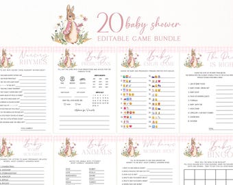 Paquete de juegos para baby shower de niña con temática de Peter Rabbit, conjunto rosa editable, Canva