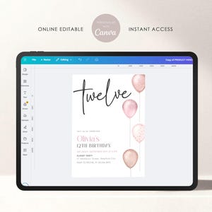 Pink Balloons 12th Birthday Invitation, Editable Canva Template (Digital) image 4