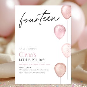 14.Geburtstags-Rosa-Digital-Einladung für Mädchen-bearbeitbare Glitzer-Ballons Vierzehn laden Canva-Vorlage ein