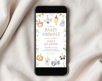Party Animals Electronic Birthday Invite, Colorful Zoo Evite, Text Invitation Canva Template