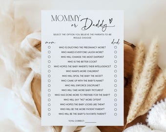 Mommy or Daddy Baby Shower Game , Editable Baby Shower Quiz, Minimalist Game Canva Template