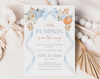 Editable Little Pumpkin Boy Baby Shower Invitation, Blue Bow Floral Fall Invite,  Canva Template