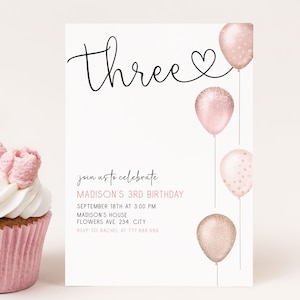 Girl 3rd Birthday Invitation Editable, Pink Balloons Birthday Party Invite, Modern Simple Digital Download