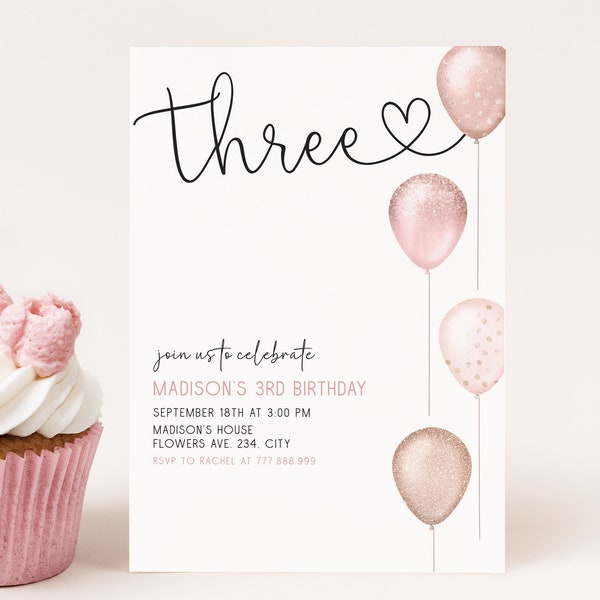 Mädchen zum 3. Geburtstagseinladung bearbeitbar, rosa Luftballons-Geburtstagsfeier einladen, moderner einfacher digitaler Download