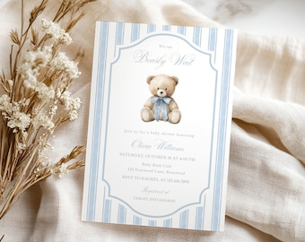 We can Bearly Wait Boy Baby Shower Invitation, Blue Teddy Grandmillennial Invite, Canva Template