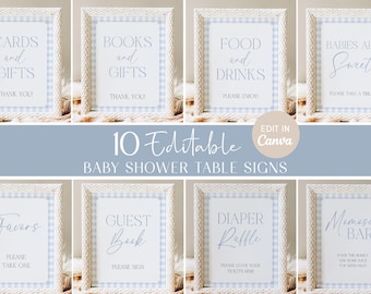 Blue Gingham Baby Shower Signage, Table Sign Bundle, Canva Editable