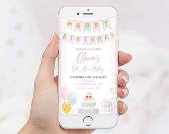 Pastel Birthday Digital Invitation Editable, Cake and Balloons Evite, Canva Template