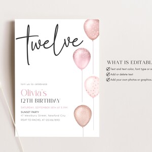 Pink Balloons 12th Birthday Invitation, Editable Canva Template (Digital) image 3