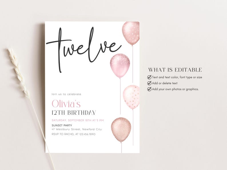 Pink Balloons 12th Birthday Invitation, Editable Canva Template (Digital) image 3