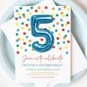 Boy 5th Birthday Invitation Colorful Confetti, Balloon Invite Editable, Canva Template