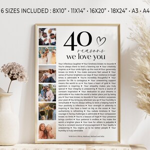 May include: A printable 40 reasons we love you poster with a black and white design. The poster features a collage of photos and a list of 40 reasons why someone is loved. The poster is perfect for a birthday or anniversary gift.