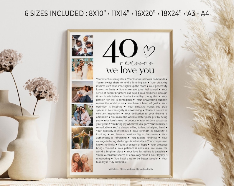 May include: A printable 40 reasons we love you poster with a black and white design. The poster features a collage of photos and a list of 40 reasons why someone is loved. The poster is perfect for a birthday or anniversary gift.