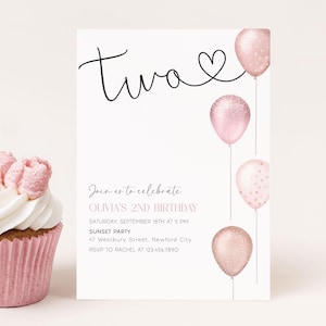 Girl Second Birthday Invitation Editable, Two Birthday Invite, Pink Balloons 2nd Birthday Party Digital Download Canva