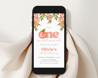 One Sweet Peach Birthday Electronic Invitation, Girl 1st Birthday Phone Evite, Canva Template