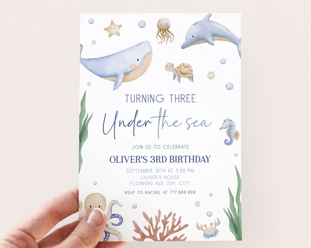 Turning 3 Under Sea Birthday Invitation Editable 3rd Birthday Boy Ocean  Theme Birthday Invite Template 