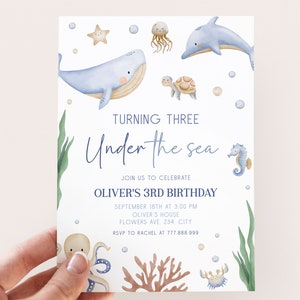 Turning 3 Under Sea Geburtstagseinladung Bearbeitbar 3. Geburtstag Junge Ocean Theme Geburtstagseinladungsvorlage
