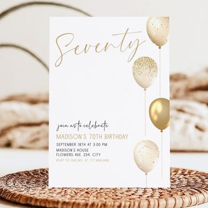 Invitación editable para el 70.º cumpleaños con globos dorados. Plantilla de invitación para mujer.