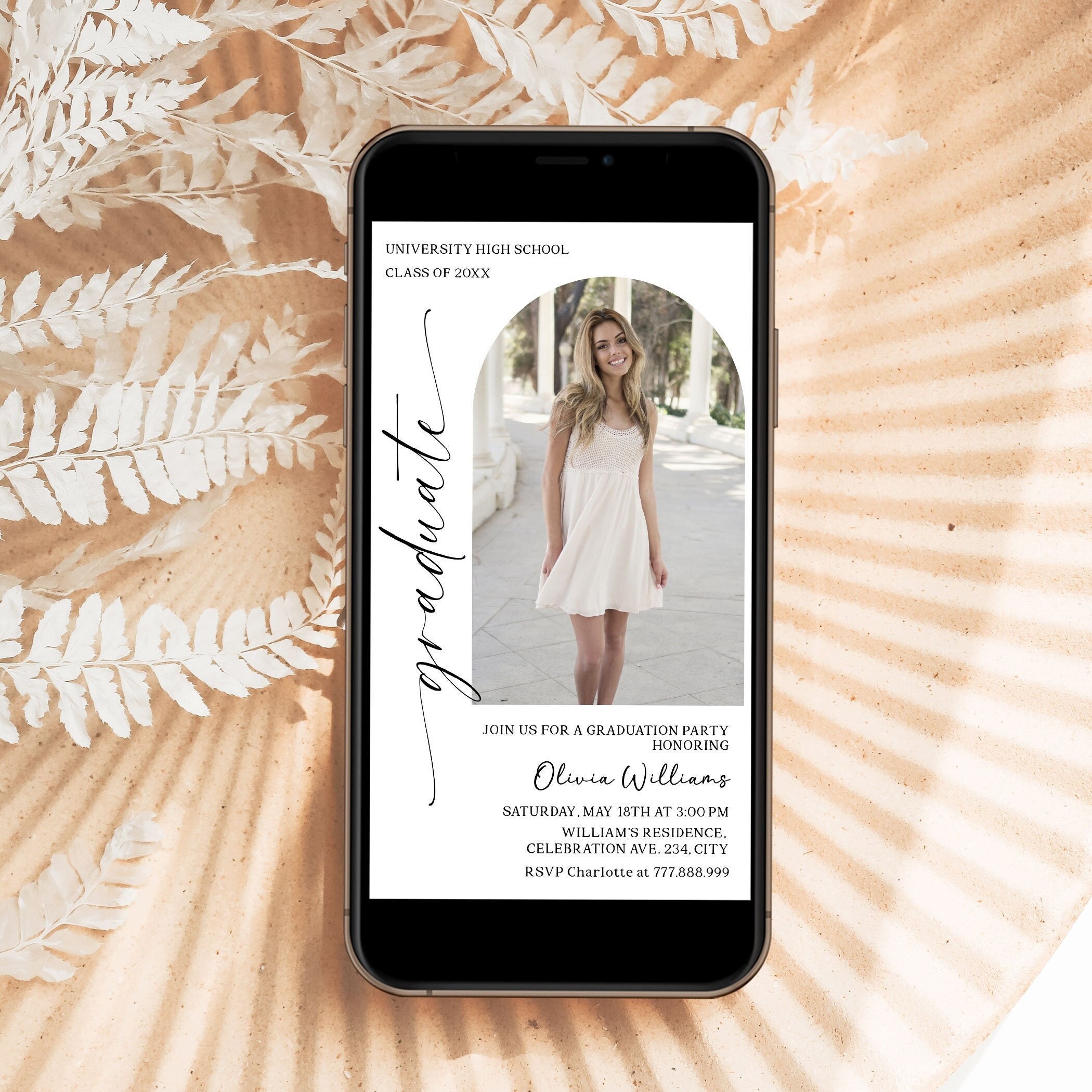 Grad Party Evite with Photo, Modern Graduation Evite, Editable Text Message Invitation