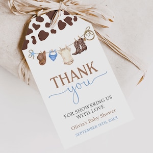 Little Cowboy Baby Shower Thank You Tags Editable Western Theme Favor Tags Printable | WSB