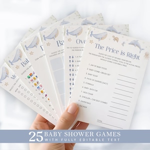 May include: A collection of baby shower game cards featuring a whale and star motif. Games include "The Price is Right" and "Guess the Gift." The text "25 Baby Shower Games with Fully Editable Text" is displayed at the bottom.