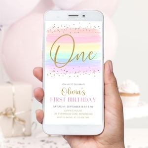 Pastel Rainbow Girl 1st Birthday Evite Editable, Phone Invitation, Digital Canva Template