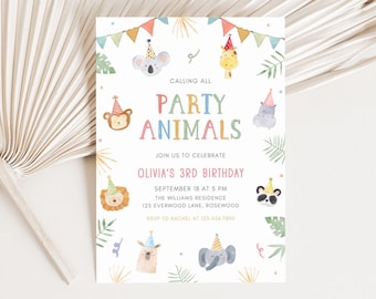 Zaproszenie urodzinowe Party Animals, kolorowe zaproszenie do zoo z możliwością edycji, szablon płótna z motywem safari dla chłopca lub dziewczynki