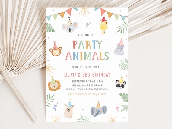 Party Animals Birthday Invitation, Colorful Zoo Editable Invite, Boy or Girl Safari Animal Canva Template