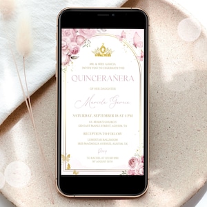 Blush Pink Quincenera Evite, Mis Quince Floral Butterfly Electronic Invitation, 15th Birthday Pink Gold Phone Invite Canva Template