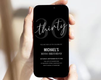 Electronic 30th Birthday Invitation Template for Men, Modern Minimal Evite, Canva Template
