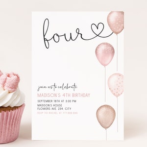 Girl 4th Birthday Invitation Template Editable Blush Pink Balloons Simple 4th Birthday invite