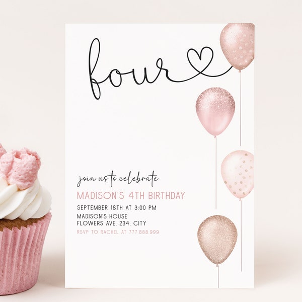 Meisje 4e verjaardag uitnodiging sjabloon bewerkbare Blush roze ballonnen eenvoudige 4e verjaardag uitnodigen