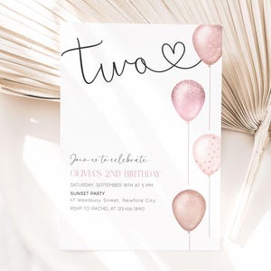 Girl Second Birthday Invitation Editable, Two Birthday Invite, Pink Balloons 2nd Birthday Party Digital Download Canva image 5