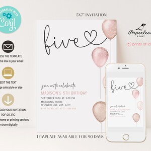 5th Birthday Invitation Girl Template, Five Invite Editable, Pink ...