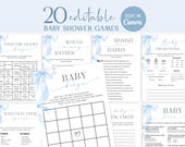 Boy Baby Shower Games Bundle, Blue Bow Game Package, Canva Editable