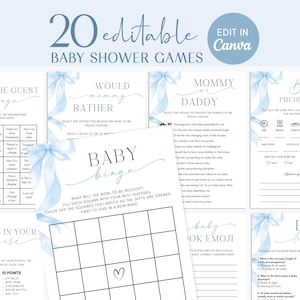 Könnte beinhalten: Eine Sammlung von 20 bearbeitbaren Babyparty-Spielen mit einem Design aus hellblauen Bändern. Spiele umfassen Bingo, Would Mommy Rather, Baby Predictions und What's in Your Purse. Der Text "Edit in Canva" ist ebenfalls vorhanden.
