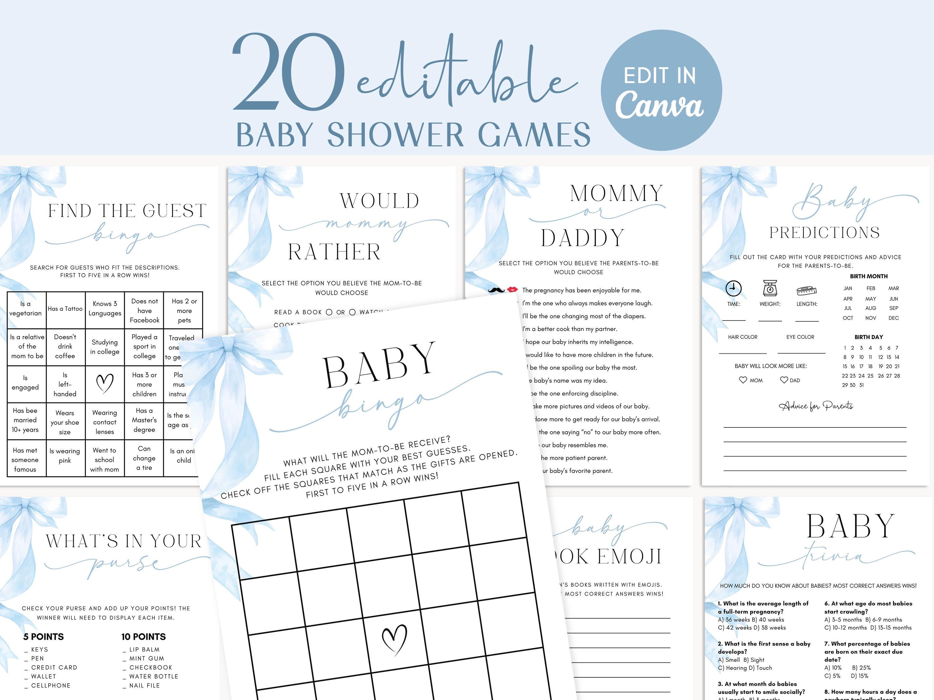 Boy Baby Shower Games Bundle, Blue Bow Game Package, Canva Editable - Etsy
