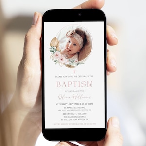 Boho Baptism Electronic Invitation with Photo, Girl Floral Christening Evite, Editable Text Message Invitation