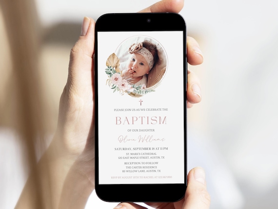 Boho Baptism Electronic Invitation with Photo, Girl Floral Christening Evite, Editable Text Message Invitation