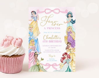 Invitación editable para fiesta de princesas "Siempre a la moda", con lazo rosa para el 4.º cumpleaños, plantilla digital de Canva.
