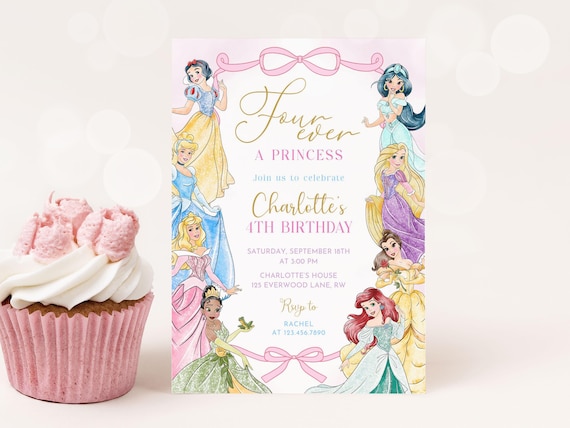 Four Ever a Princess Party Invitation Editable, Pink Bow Princess 4th Birthday, Digital Canva Template