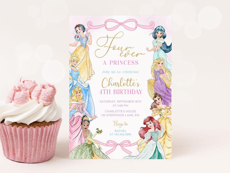 Four Ever a Princess Party Invitation, Pink Bow Princess 4th Birthday, Digital Canva Template
