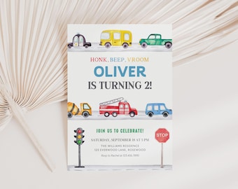 Transportation Birthday Invitation Editable, Honk Beep Vroom Cars Invite, Canva Template