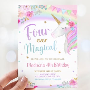 Unicorn 4th Birthday Invitation Editable, Four Ever Magical Birthday Invite, Pastel Unicorn Girl 4th Birthday Digital Download