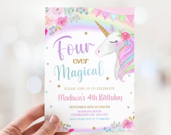 Unicorn 4th Birthday Invitation Editable, Four Ever Magical Birthday Invite, Pastel Unicorn Girl 4th Birthday Digital Download