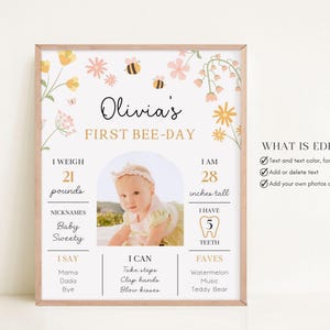 May include: A framed "First Bee-Day" sign with floral and bee illustrations. The sign includes a baby's photo, weight (21 pounds), height (28 inches), and other details. The text "Olivia's" is at the top.