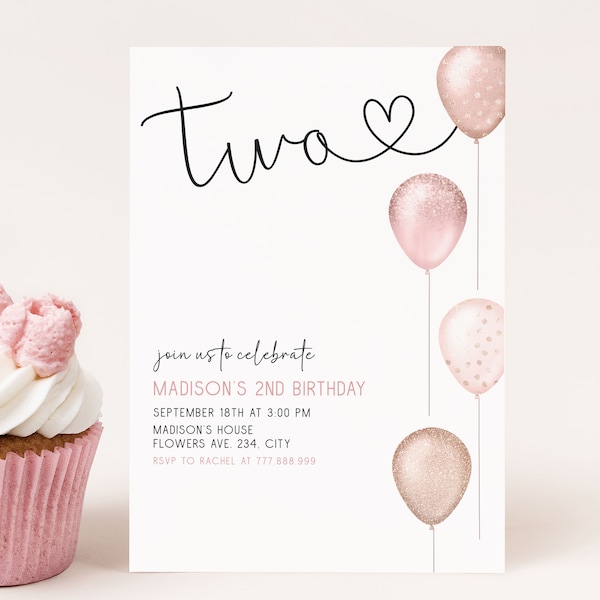Girl Second Birthday Invitation Editable, Two Birthday Invite, Pink Balloons 2nd Birthday Party Digital Download