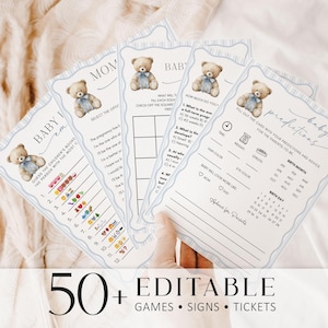 Könnte beinhalten: Babyparty-Spielkarten mit hellblauem Rand und Teddybär-Illustrationen. Die Karten enthalten Fragen für Vorhersagen und Ratschläge, mit dem Text "Baby Predictions" und "50+ Editable Games Signs Tickets".