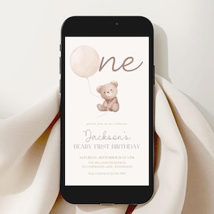 Invitación de cumpleaños para niño con globo de osito de peluche, plantilla de Canva